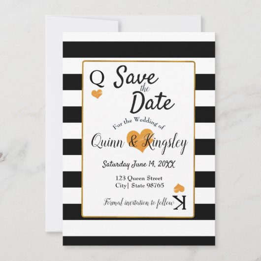 Sparen de Datum Zwarte & Witte Strips met Gold Hea Save The Date (Voorkant)