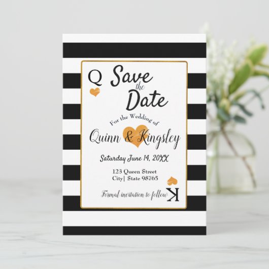 Sparen de Datum Zwarte & Witte Strips met Gold Hea Save The Date (Staand voorkant)