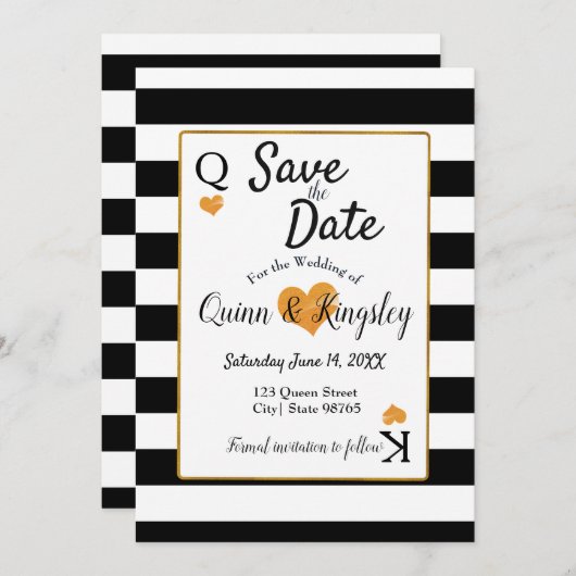 Sparen de Datum Zwarte & Witte Strips met Gold Hea Save The Date (Voorkant / Achterkant)