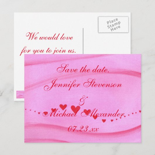 Sparen de datumbriefkaarten golf van rode harten aankondigingskaart (Voorkant / Achterkant)