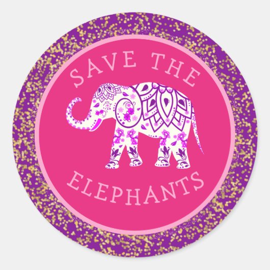 Sparen de Elephants Boho Pink Paisley Gold Glitter Ronde Sticker (Voorkant)
