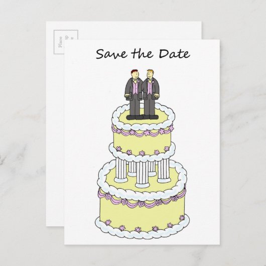 Sparen de Mannelijke Paar van de Datum op een Dek Aankondigingskaart (Voorkant / Achterkant)