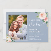 Sparen de Nieuwe Datum Blauwe Blush Pink Floral Save The Date (Voorkant)