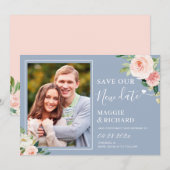 Sparen de Nieuwe Datum Blauwe Blush Pink Floral Save The Date (Voorkant / Achterkant)