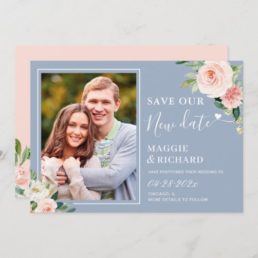 Sparen de Nieuwe Datum Blauwe Blush Pink Floral Save The Date (Voorkant / Achterkant)