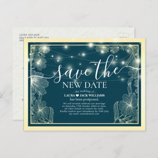 Sparen de Nieuwe Datum van de Uitstel van de Biede Aankondigingskaart (Voorkant / Achterkant)