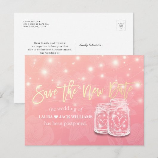 Sparen de Nieuwe Datum van de Uitstel van het huwe Aankondigingskaart (Voorkant / Achterkant)