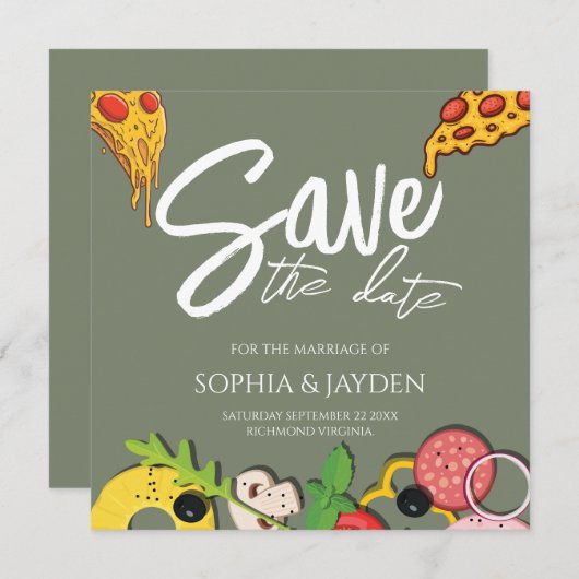 Sparen de Vergroene PIZZA Moderne Chic van de Datu Save The Date (Voorkant / Achterkant)