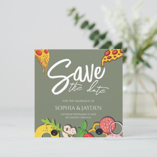 Sparen de Vergroene PIZZA Moderne Chic van de Datu Save The Date (Staand voorkant)