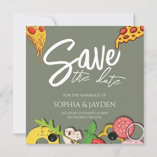 Sparen de Vergroene PIZZA Moderne Chic van de Datu Save The Date (Voorkant)