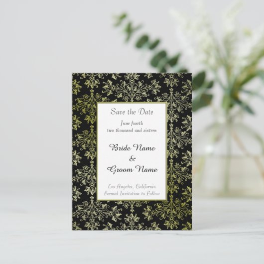 Sparen Elegant de Datum Golden Damask Pattern Kaar Aankondigingskaart (Staand voorkant)