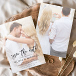 Sparen het Afbeelding van de Datum de Berichten va Save The Date<br><div class="desc">Transparantie die aangepaste en gepersonaliseerde foto's op de voor- en achterkant van elegante en moderne Save the Date Wedding Invitations bedekt - omvat prachtige en elegante scripttypografie voor de speciale dag van de bruiloft.</div>