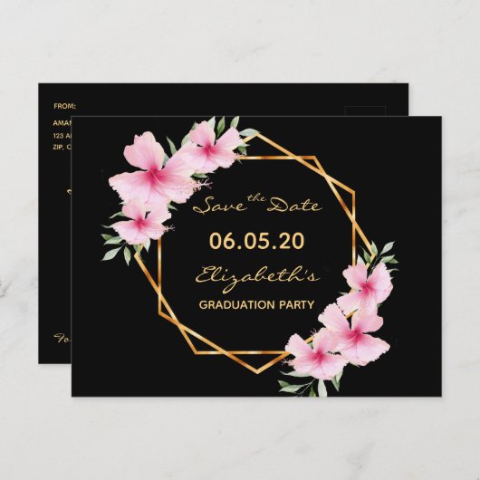 Sparen het afstuderen van de Datum Zwarte roze flo Briefkaart (Voorkant / Achterkant)