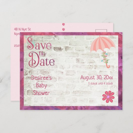 Sparen het Baby shower van de Datum met Umbrella Aankondigingskaart (Voorkant / Achterkant)