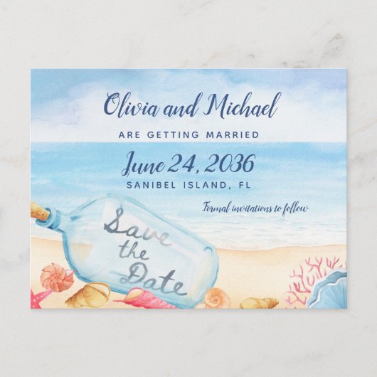 Sparen het Bericht van de Datum in de Beach bruilo Aankondigingskaart (Voorkant)