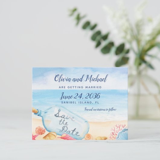 Sparen het Bericht van de Datum in de Beach bruilo Aankondigingskaart (Staand voorkant)