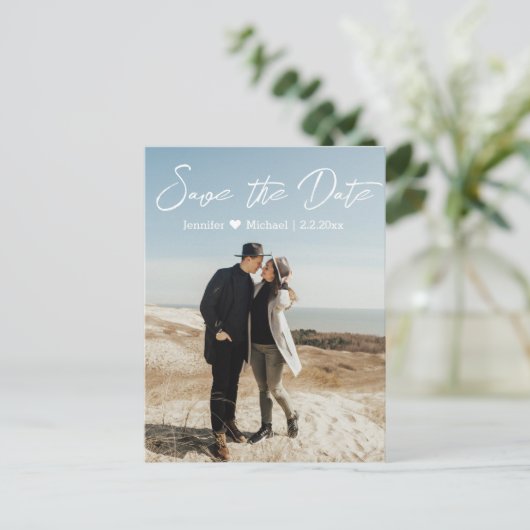 sparen het datum witte handschrift paar 2 foto's aankondigingskaart (Staand voorkant)