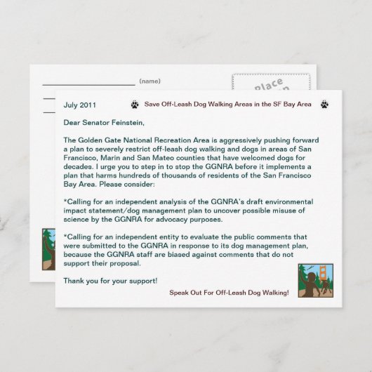 Sparen Leash Dog Walking Senator Feinstein Briefkaart (Voorkant / Achterkant)