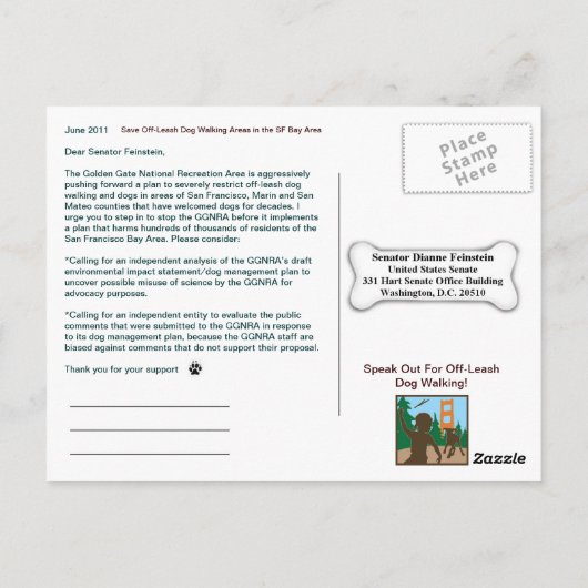 Sparen off-Leash Dog Walking Areas Senator Feinste Briefkaart (Achterkant)