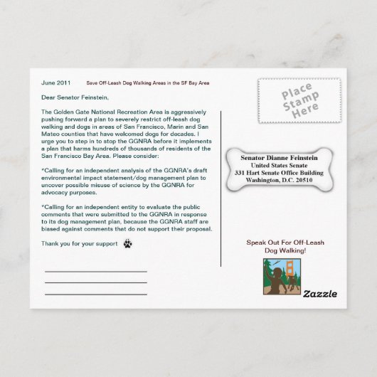 Sparen Off-Leash Dog Walking Senator Feinstein Briefkaart (Achterkant)