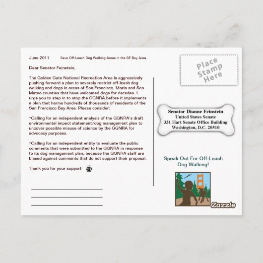 Sparen Off-Leash Dog Walking Senator Feinstein Briefkaart (Achterkant)