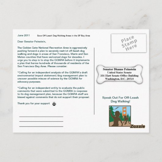 Sparen Off-Leash Dog Walking Senator Feinstein Briefkaart (Achterkant)