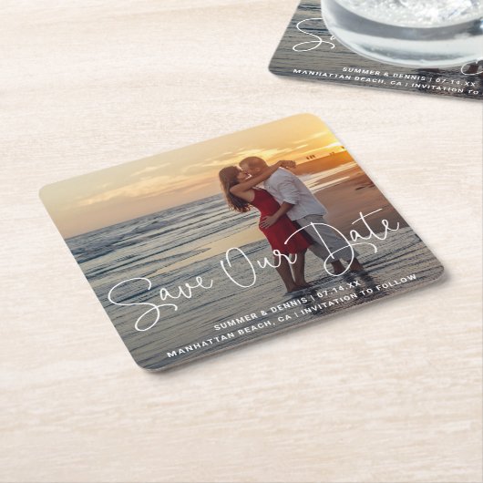 Sparen onze Datum Elegant Foto van het Manuscript Kartonnen Onderzetters (Schuin)