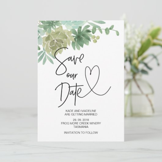Sparen onze Datum Groene Succulent Weddenschap Kaart (Staand voorkant)