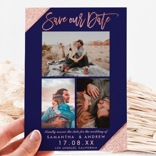 Sparen onze datum roos gouden navy foto-grid colla aankondigingskaart