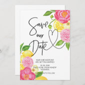 Sparen Onze Datum Roze en Lemon Floral Wedding Kaart (Voorkant / Achterkant)