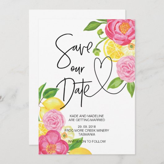 Sparen Onze Datum Roze en Lemon Floral Wedding Kaart (Voorkant / Achterkant)