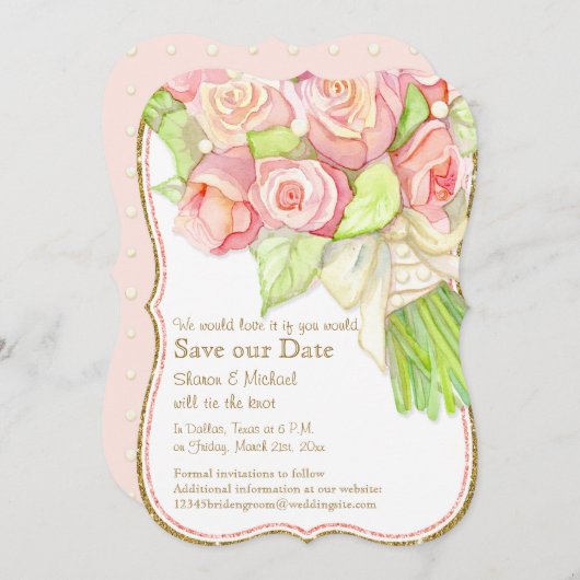 Sparen Onze Datum Waterverf Rose Bouquet Pearls Save The Date (Voorkant / Achterkant)