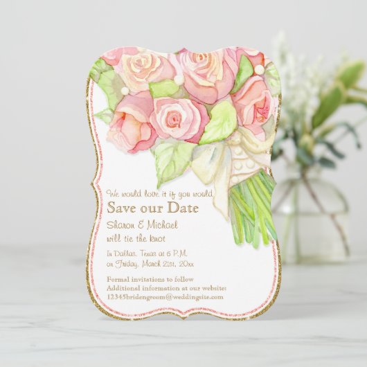 Sparen Onze Datum Waterverf Rose Bouquet Pearls Save The Date (Staand voorkant)