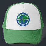 Sparen planeet grondveiler die met douanetekst trucker pet<br><div class="desc">Rond aarde vechtlat met aangepaste tekst. Blauw en groen wereldbol logo met witte tekst sjabloon. Creëer petten voor de opwarming van de aarde, klimaatverandering, milieukwesties, behoud van de natuur, groene energie, bosbescherming, protesten, plastic soep, recyclen, recycling, enz. Tekening van zee op het land. Bespaar de planeet, bespaar de aarde! Aangepaste...</div>