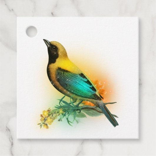 Sparend Fantasie Geel en Turquoise Vogel Bedankjes Labels (Voorkant)