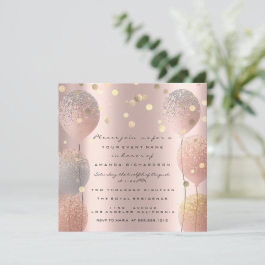 Spark Glitter Ballon Roze Goud Bruids Sweet 16th Kaart (Staand voorkant)