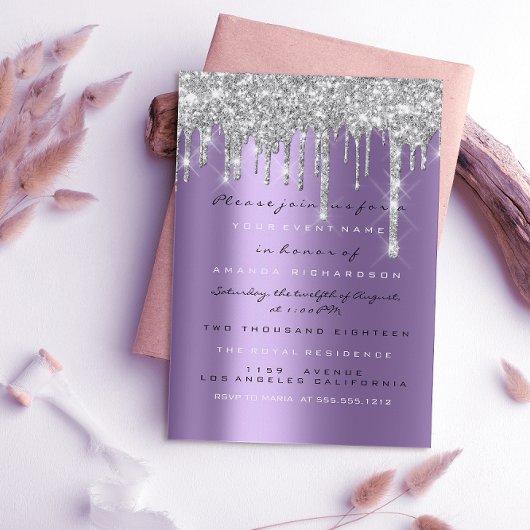 Spark Glitter Drip Zilver Paars Grijs Bruids 16e Kaart