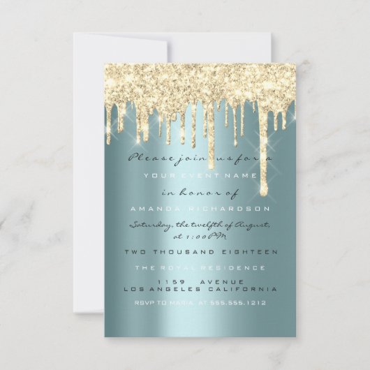 Spark Glitter Drips Goud Teal Bruids Sweet 16e Kaart (Voorkant)