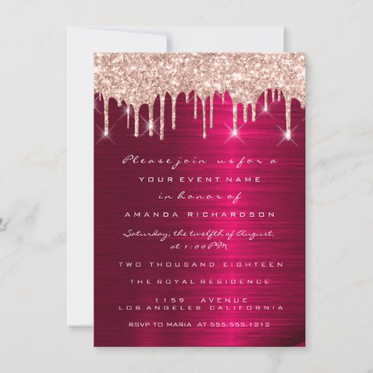 Spark Glitter Drips Roos Rood Marsala Bruids 16e Kaart (Voorkant)