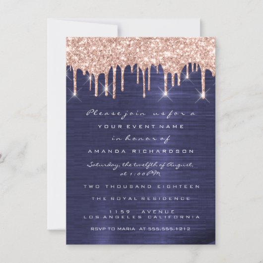 Spark Glitter Drips Roze Blauw Marine Bruids 16e Kaart (Voorkant)