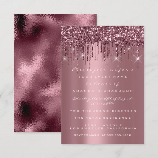 Spark Glitter Drips Roze Burgundy Bruids Sweet 16e Kaart (Voorkant / Achterkant)