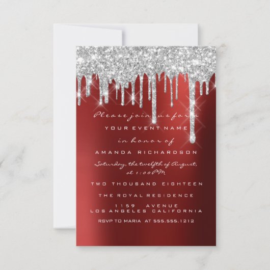 Spark Glitter Drips Zilver Rood Bruids Sweet 16e Kaart (Voorkant)