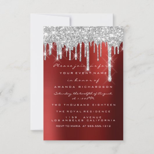 Spark Glitter Drips Zilver Rood Bruids Sweet 16th Kaart (Voorkant)
