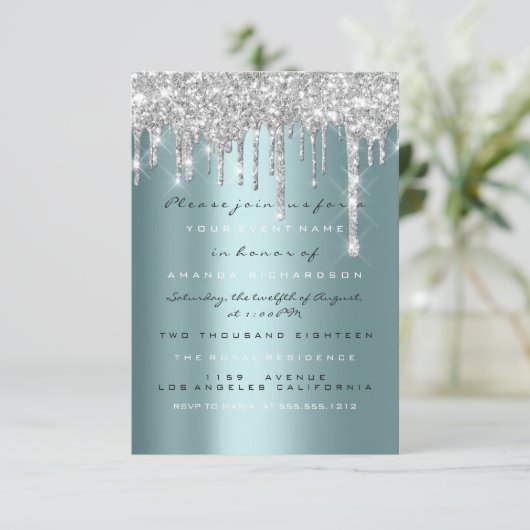 Spark Glitter Drips Zilver Teal Bruids Sweet 16e Kaart (Staand voorkant)