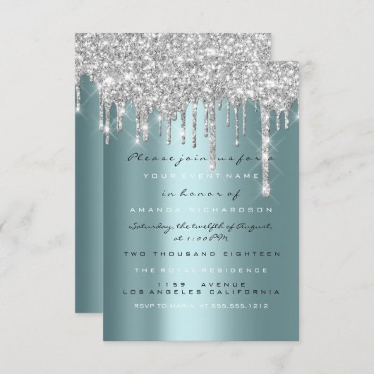Spark Glitter Drips Zilver Teal Bruids Sweet 16e Kaart (Voorkant / Achterkant)