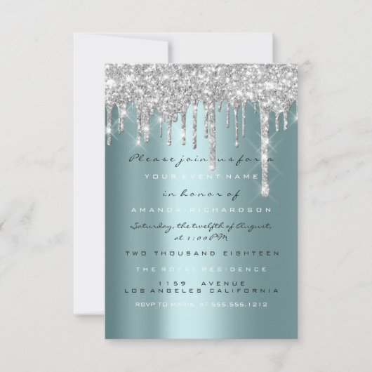 Spark Glitter Drips Zilver Teal Bruids Sweet 16th Kaart (Voorkant)