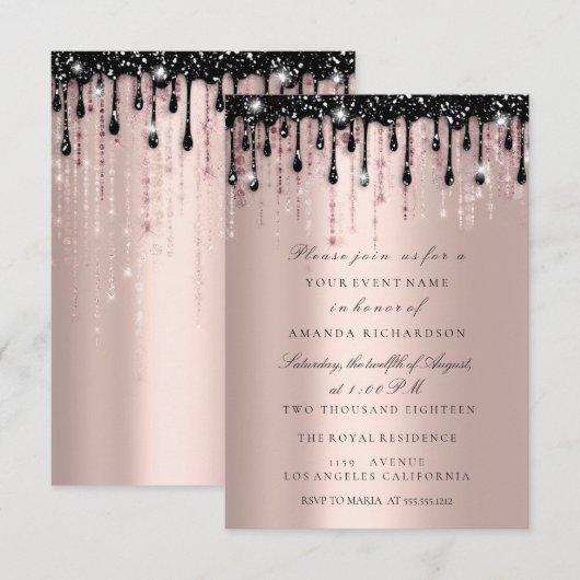 Spark Glitter Zwarte Druppels Roze Bruidsdouche Kaart (Voorkant / Achterkant)