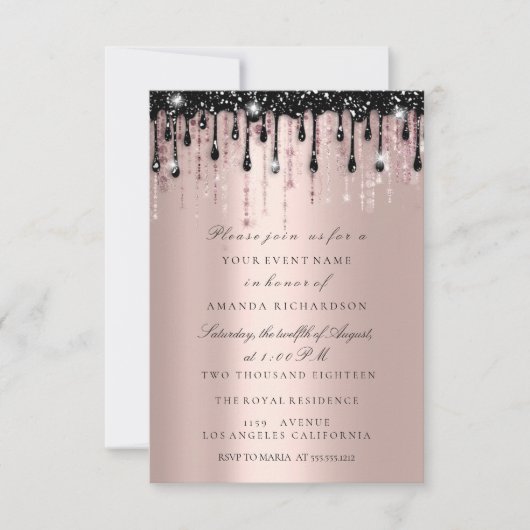 Spark Glitter Zwarte Druppels Roze Bruiloftsfeest Kaart (Voorkant)
