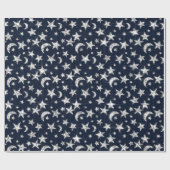 Spark Silver Gray Stars Moon Twinkl Blue Navy Cadeaupapier (Vlak)