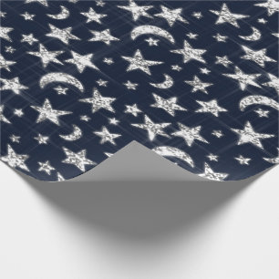 Spark Silver Gray Stars Moon Twinkl Blue Navy Cadeaupapier